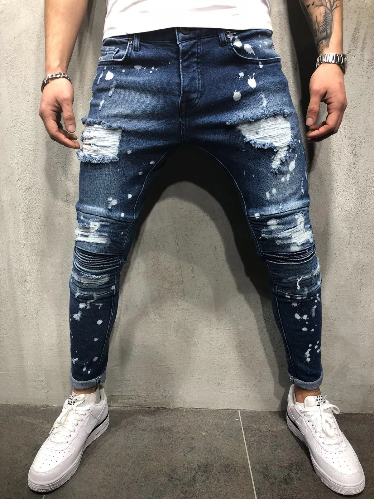 Men's Painted Skinny Slim Fit Ripped Denim Pants