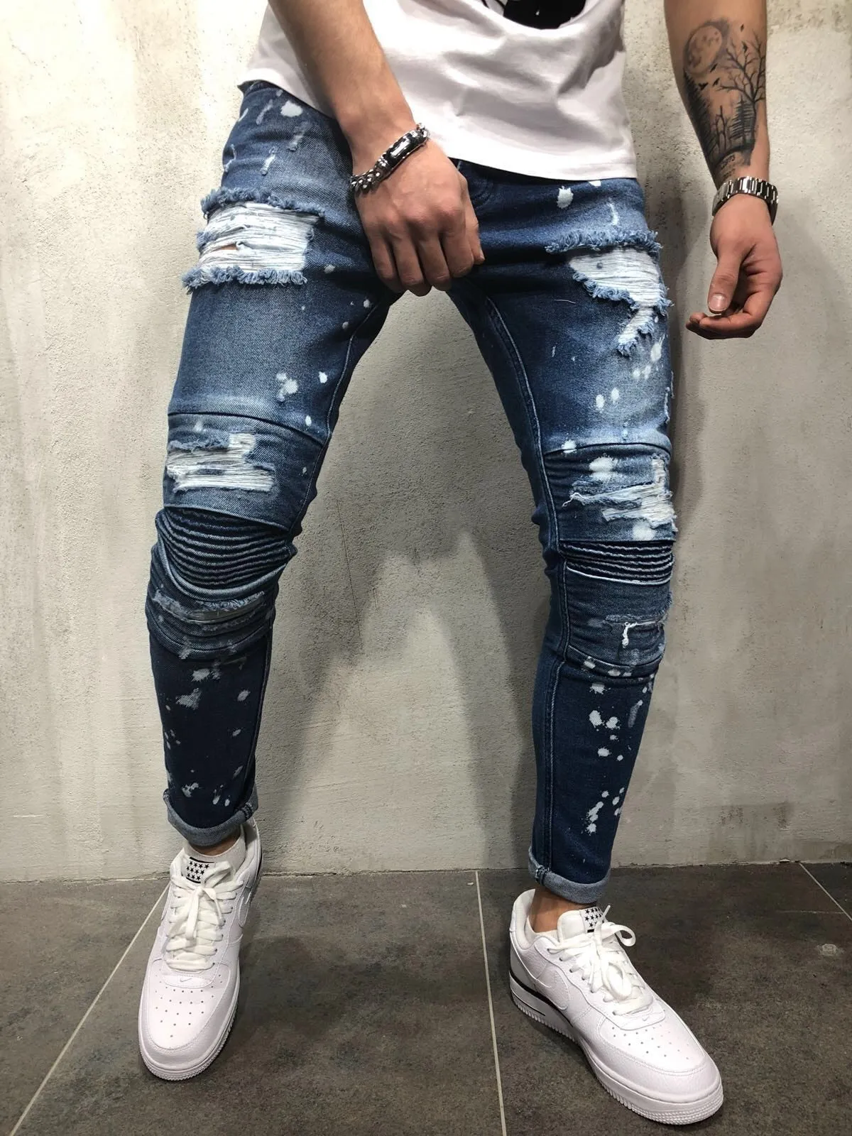 Men's Painted Skinny Slim Fit Ripped Denim Pants