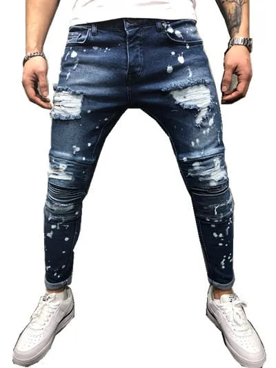 Men's Painted Skinny Slim Fit Ripped Denim Pants