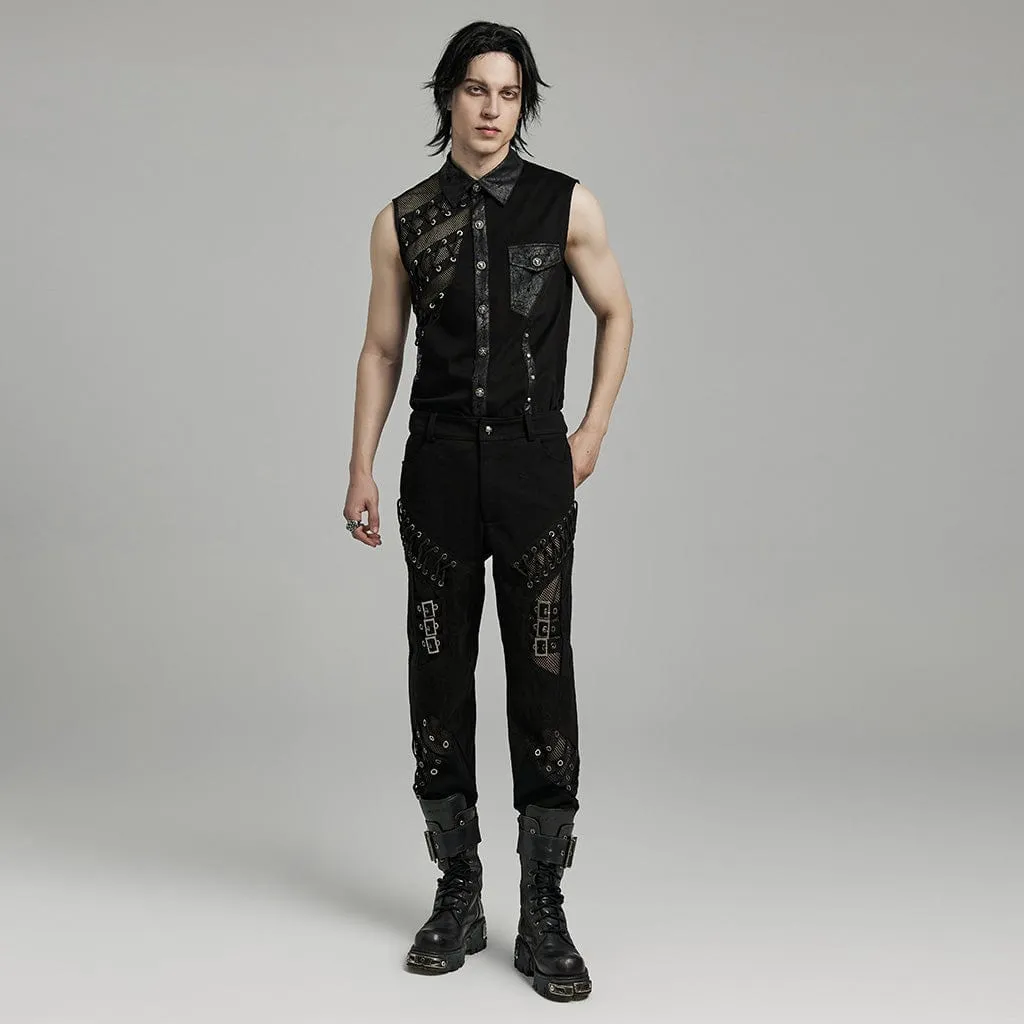 Men's Punk Mesh Splice Bucket Straps Pants