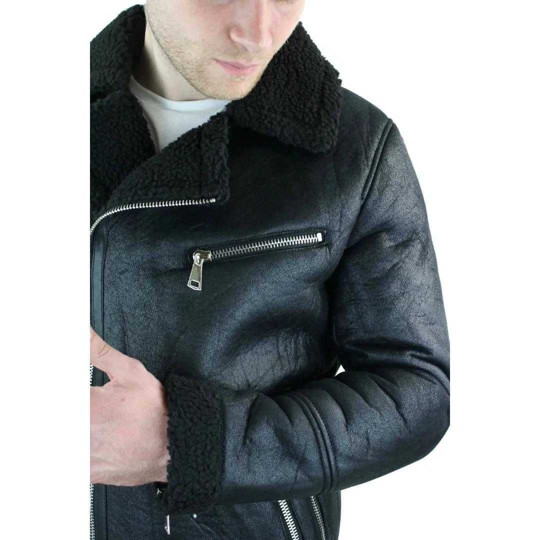 Men's Shearling Sheepskin Faux Fur B3 Aviator Flying Jacket Cross Zip RAF Black