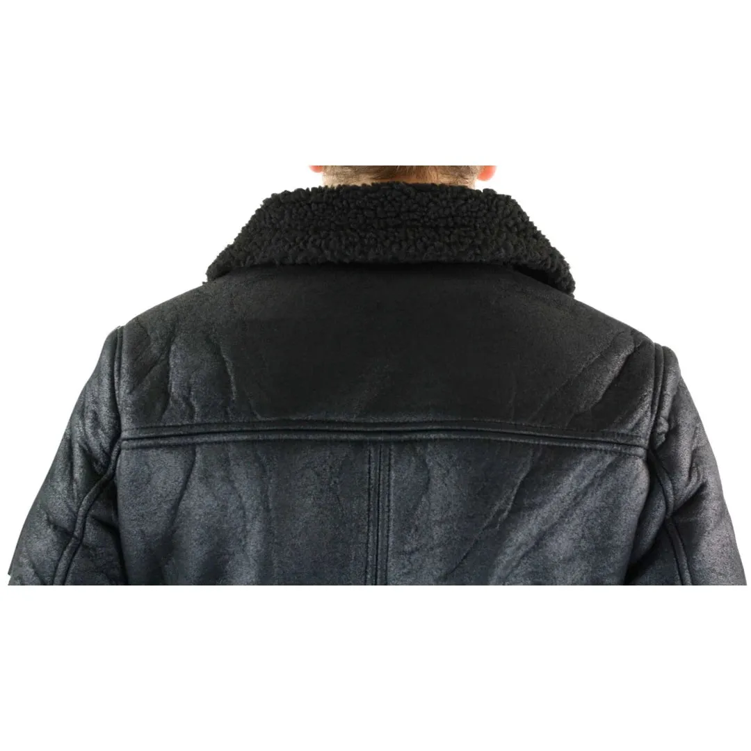 Men's Shearling Sheepskin Faux Fur B3 Aviator Flying Jacket Cross Zip RAF Black