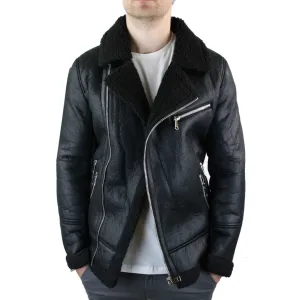 Men's Shearling Sheepskin Faux Fur B3 Aviator Flying Jacket Cross Zip RAF Black