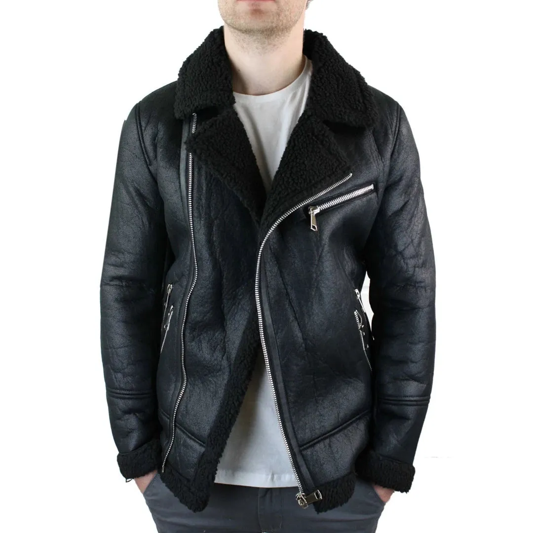 Men's Shearling Sheepskin Faux Fur B3 Aviator Flying Jacket Cross Zip RAF Black