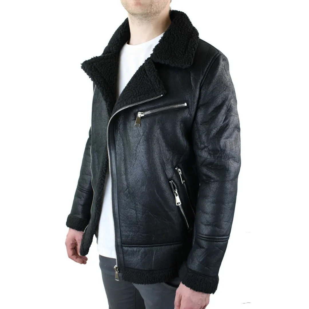 Men's Shearling Sheepskin Faux Fur B3 Aviator Flying Jacket Cross Zip RAF Black