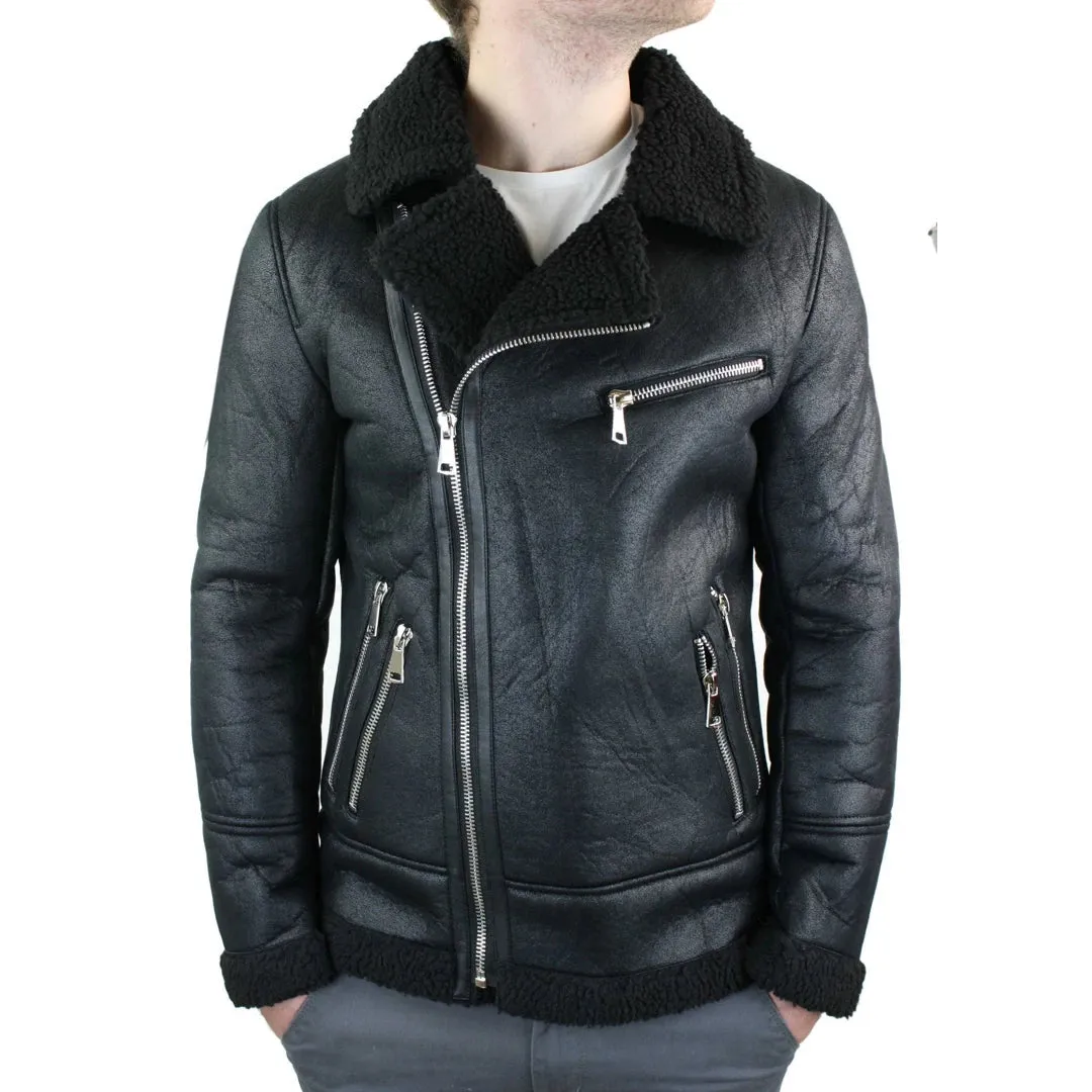 Men's Shearling Sheepskin Faux Fur B3 Aviator Flying Jacket Cross Zip RAF Black