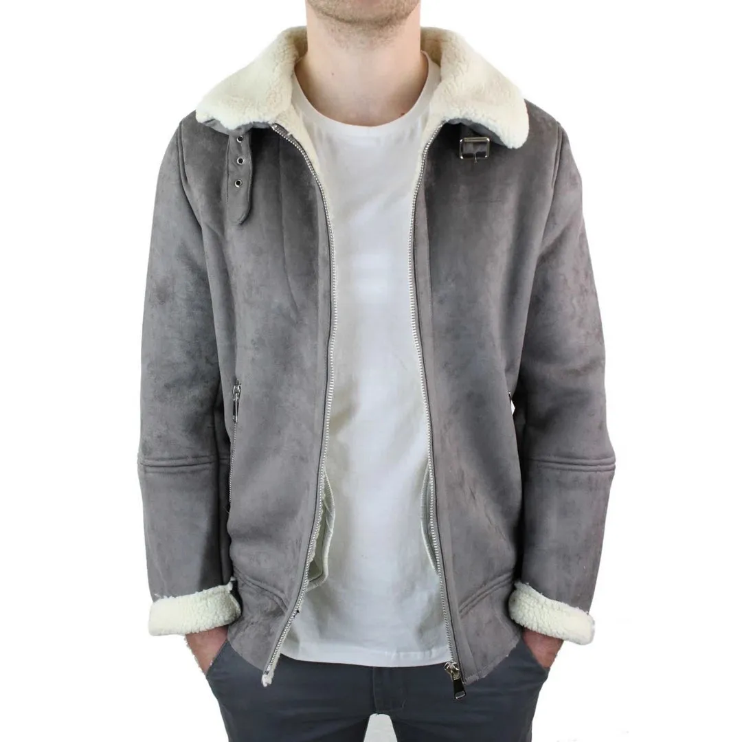 Men's Suede Sheepskin Faux Fur B3 Aviator Flying Jacket Cross Zip RAF