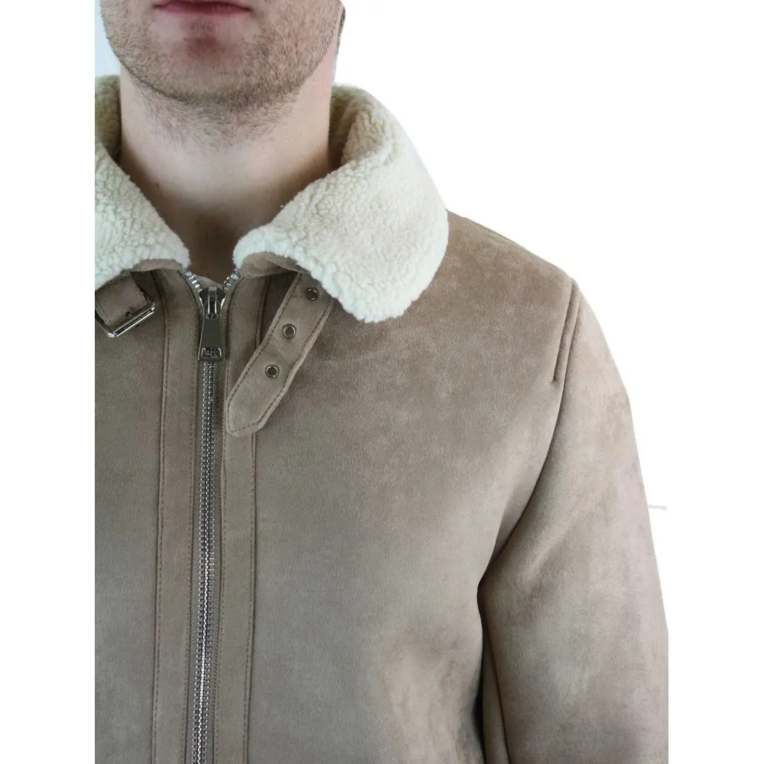 Men's Suede Sheepskin Faux Fur B3 Aviator Flying Jacket Cross Zip RAF