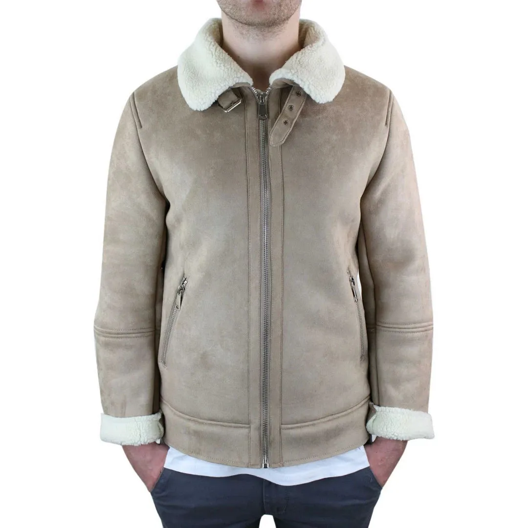 Men's Suede Sheepskin Faux Fur B3 Aviator Flying Jacket Cross Zip RAF