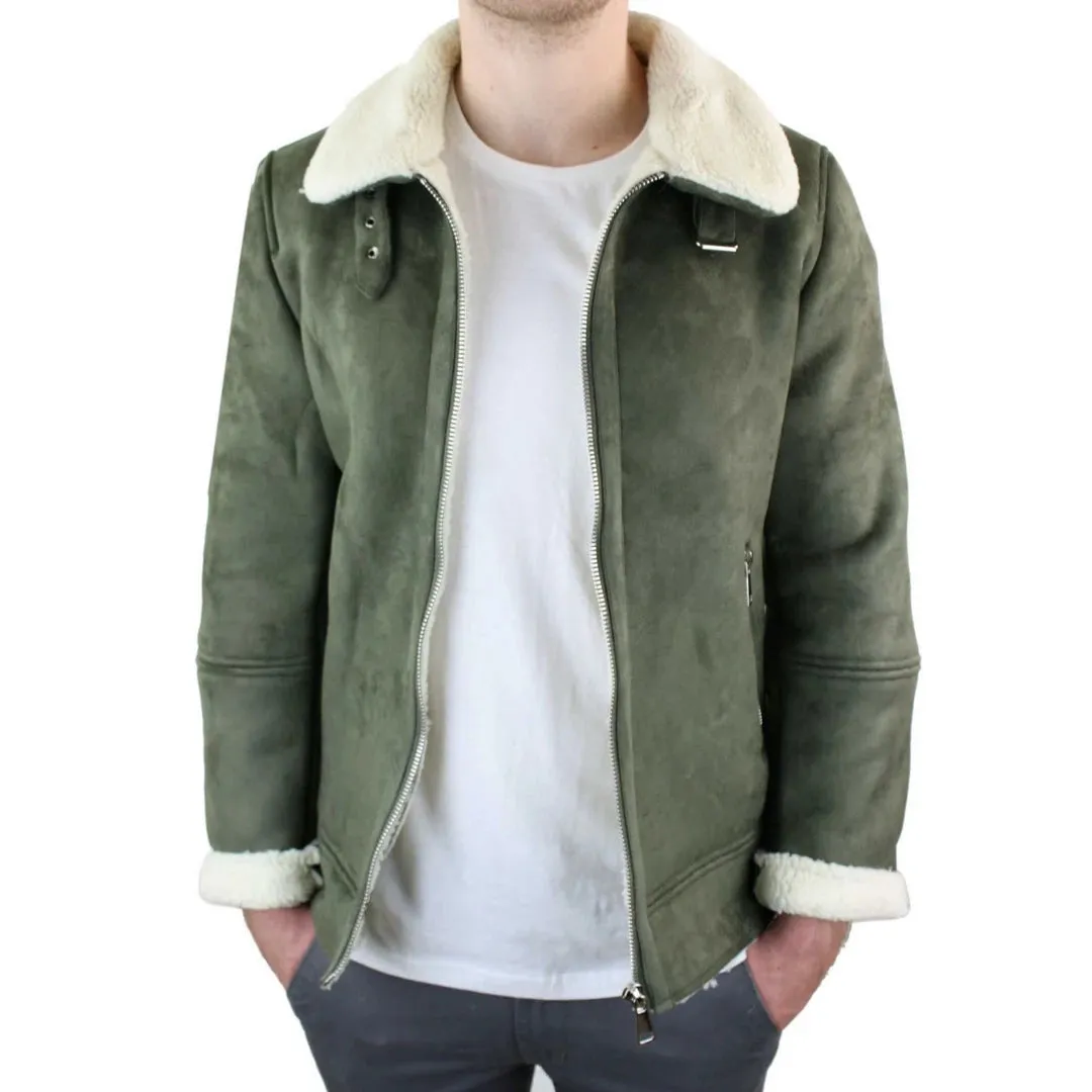 Men's Suede Sheepskin Faux Fur B3 Aviator Flying Jacket Cross Zip RAF