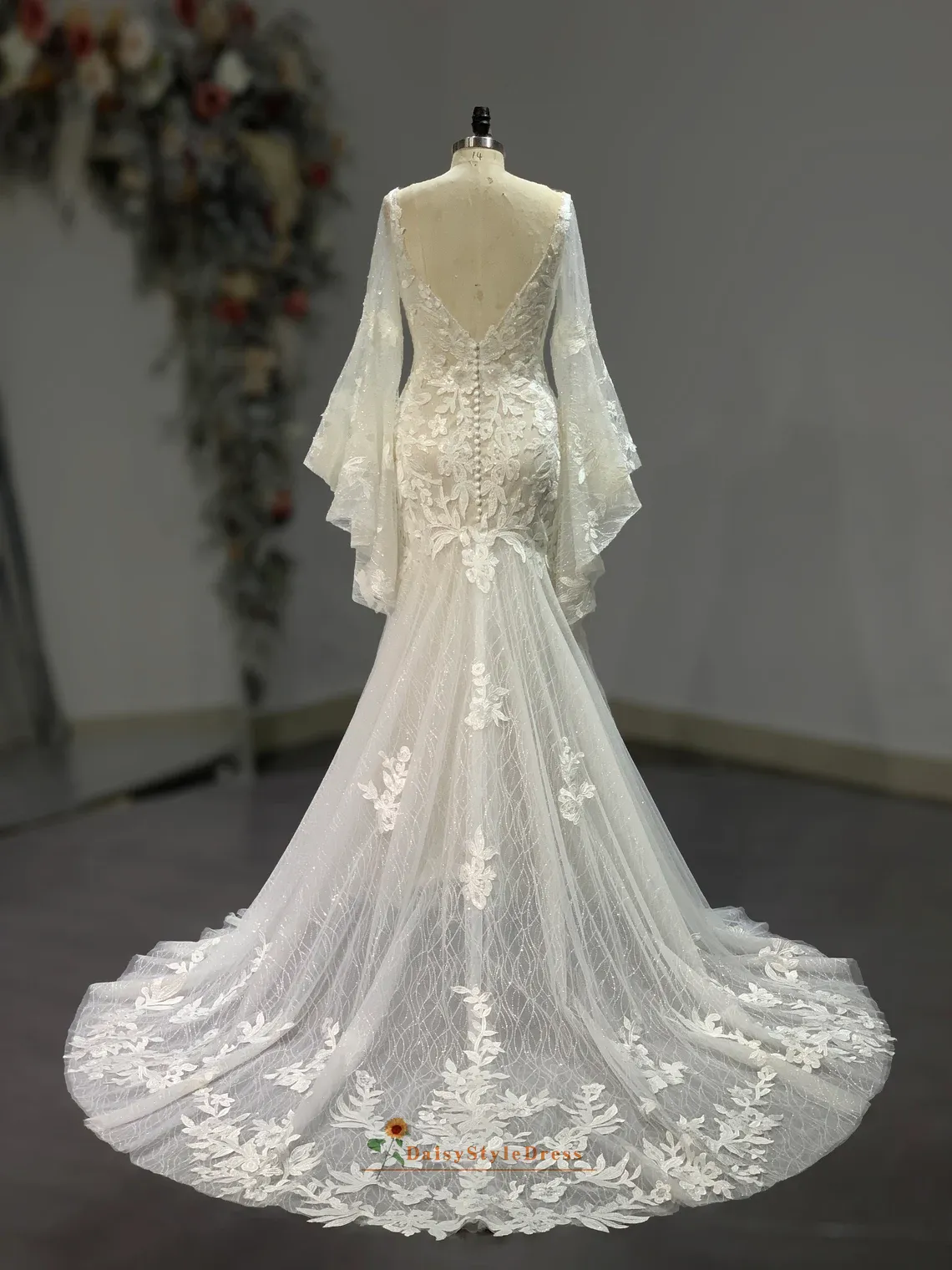 Mermaid Long Sleeve Boho Lace Wedding Dress