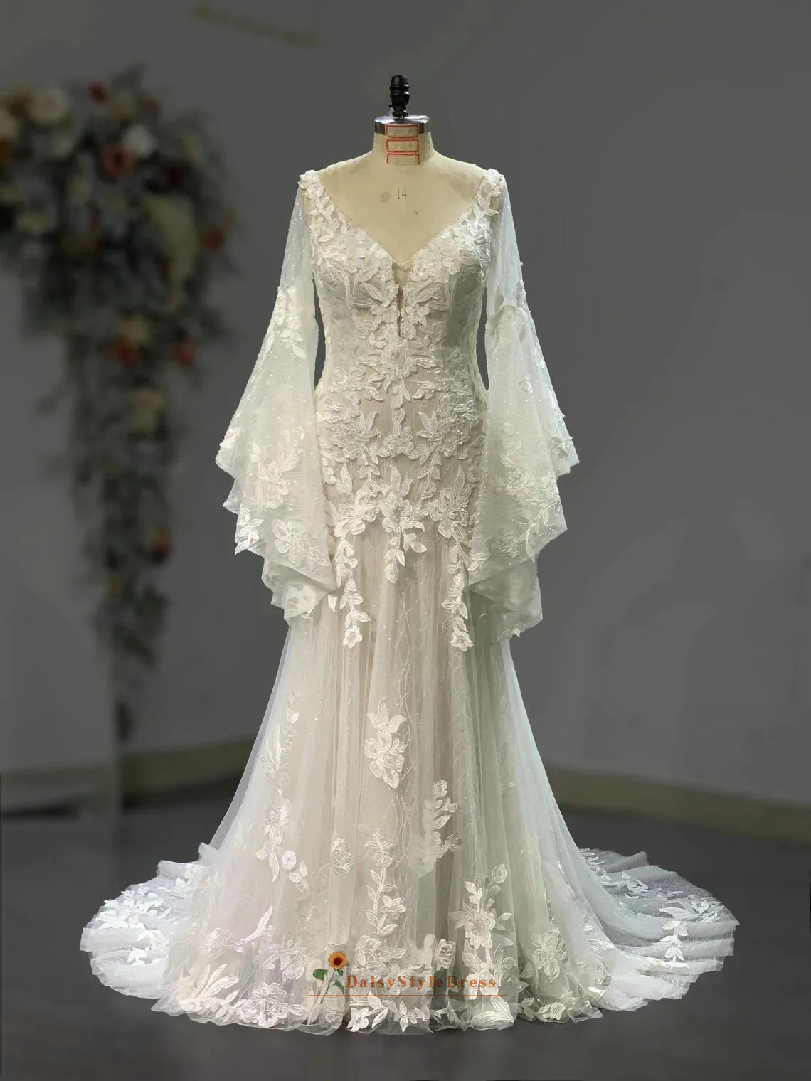 Mermaid Long Sleeve Boho Lace Wedding Dress