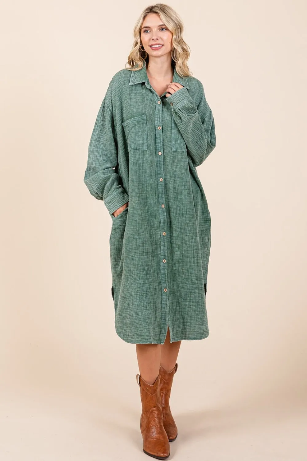 Mittoshop Mineral Wash Cotton Gauze Midi Shirt Dress