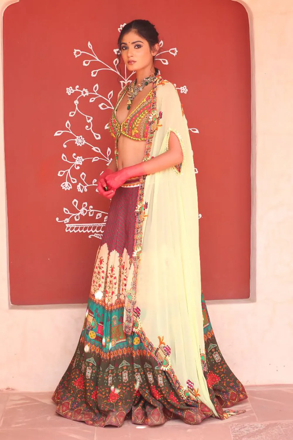 Multicolor Print Lehenga With Bodice And Cape Dupatta