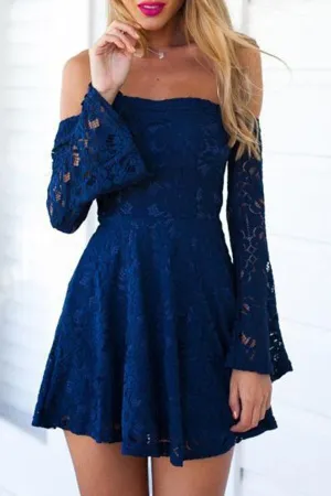 Navy Blue Lace Off Shoulders Short Prom Dress with Sleeves | Semi Formal Lace Dress