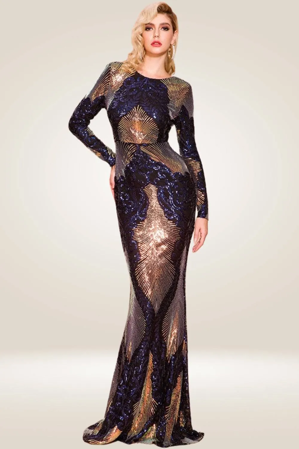 Navy Blue Sequin Long Sleeve Maxi Dress