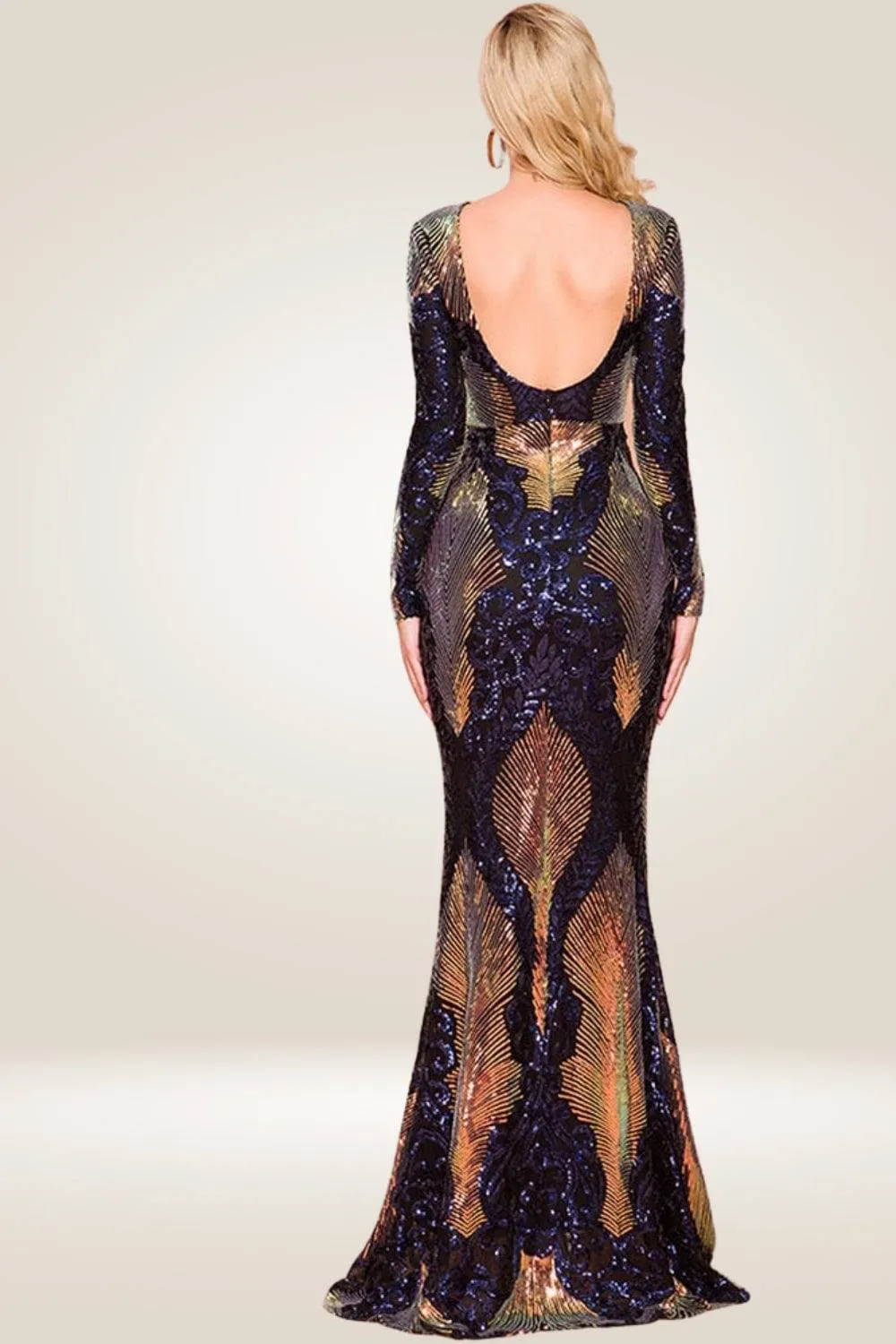 Navy Blue Sequin Long Sleeve Maxi Dress