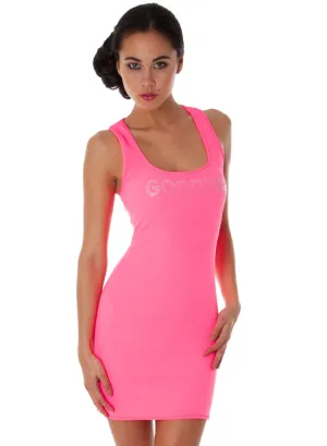 Neon Pink Stretchy Casual mini dress with silver gem Logo.