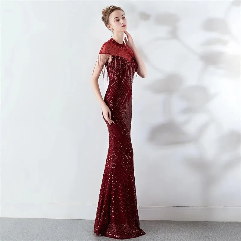 New spring summer hand-made beads decoration round neck elegant banquet noble dress women evening party dresses