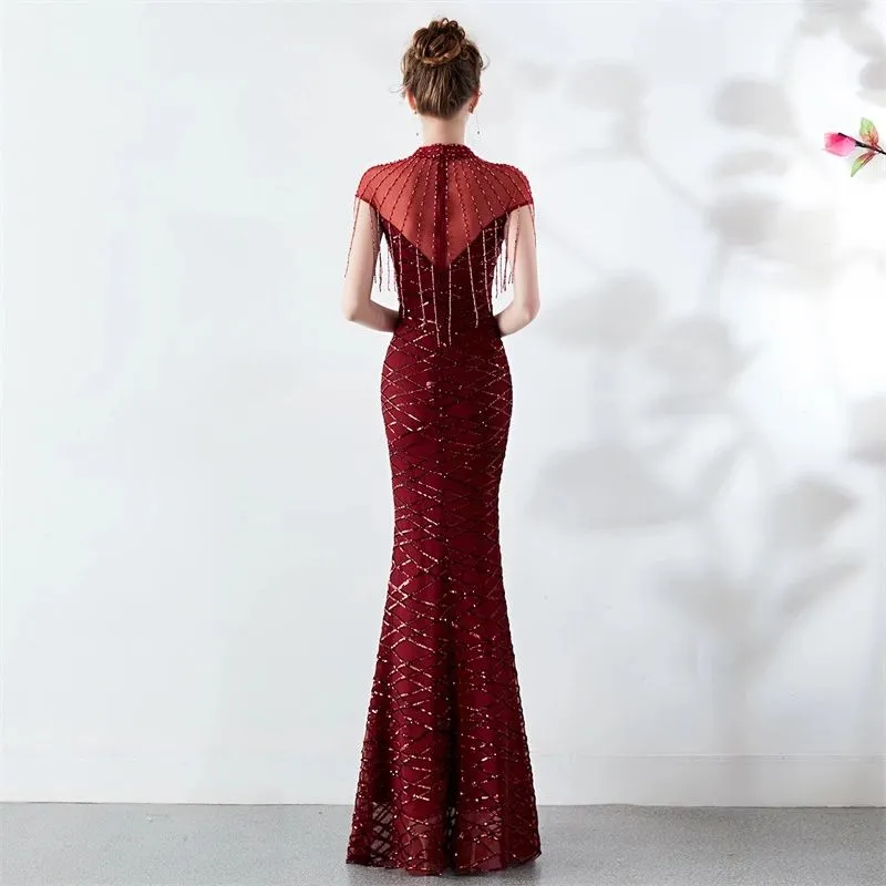 New spring summer hand-made beads decoration round neck elegant banquet noble dress women evening party dresses