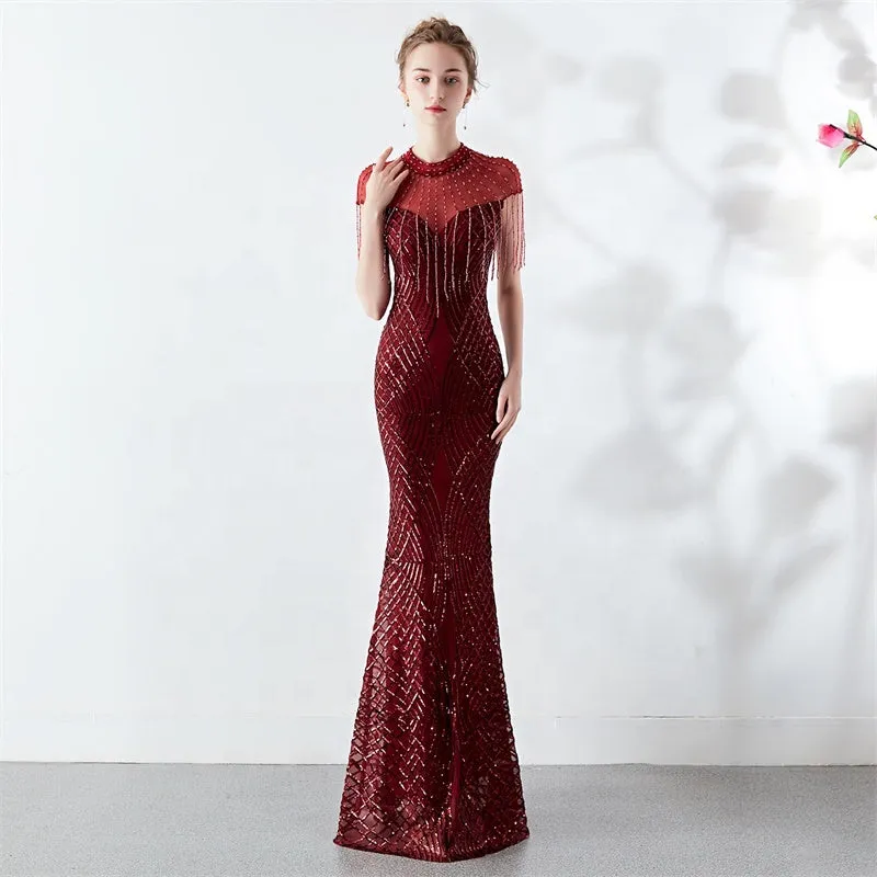 New spring summer hand-made beads decoration round neck elegant banquet noble dress women evening party dresses