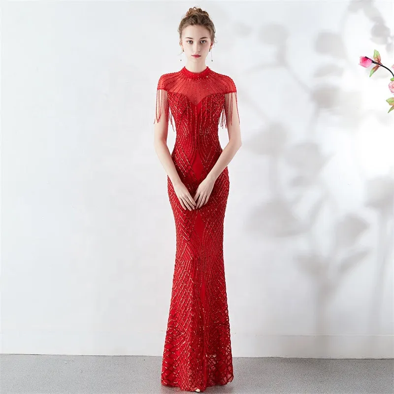 New spring summer hand-made beads decoration round neck elegant banquet noble dress women evening party dresses