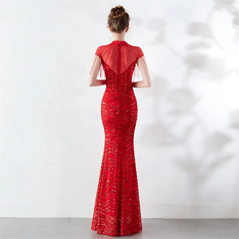 New spring summer hand-made beads decoration round neck elegant banquet noble dress women evening party dresses