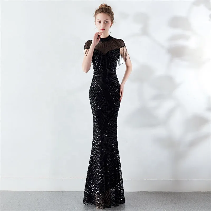 New spring summer hand-made beads decoration round neck elegant banquet noble dress women evening party dresses