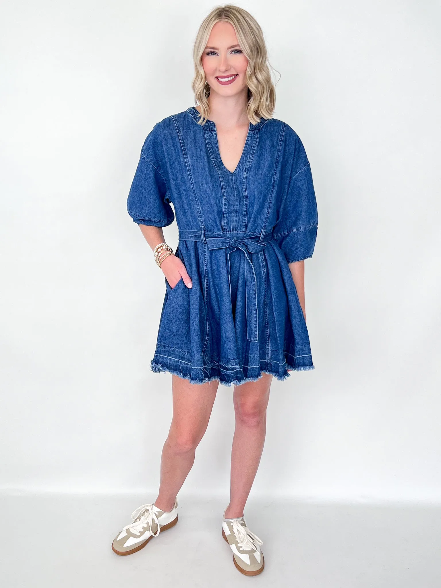 Noelle - V-Neck Waist Tie Denim Dress