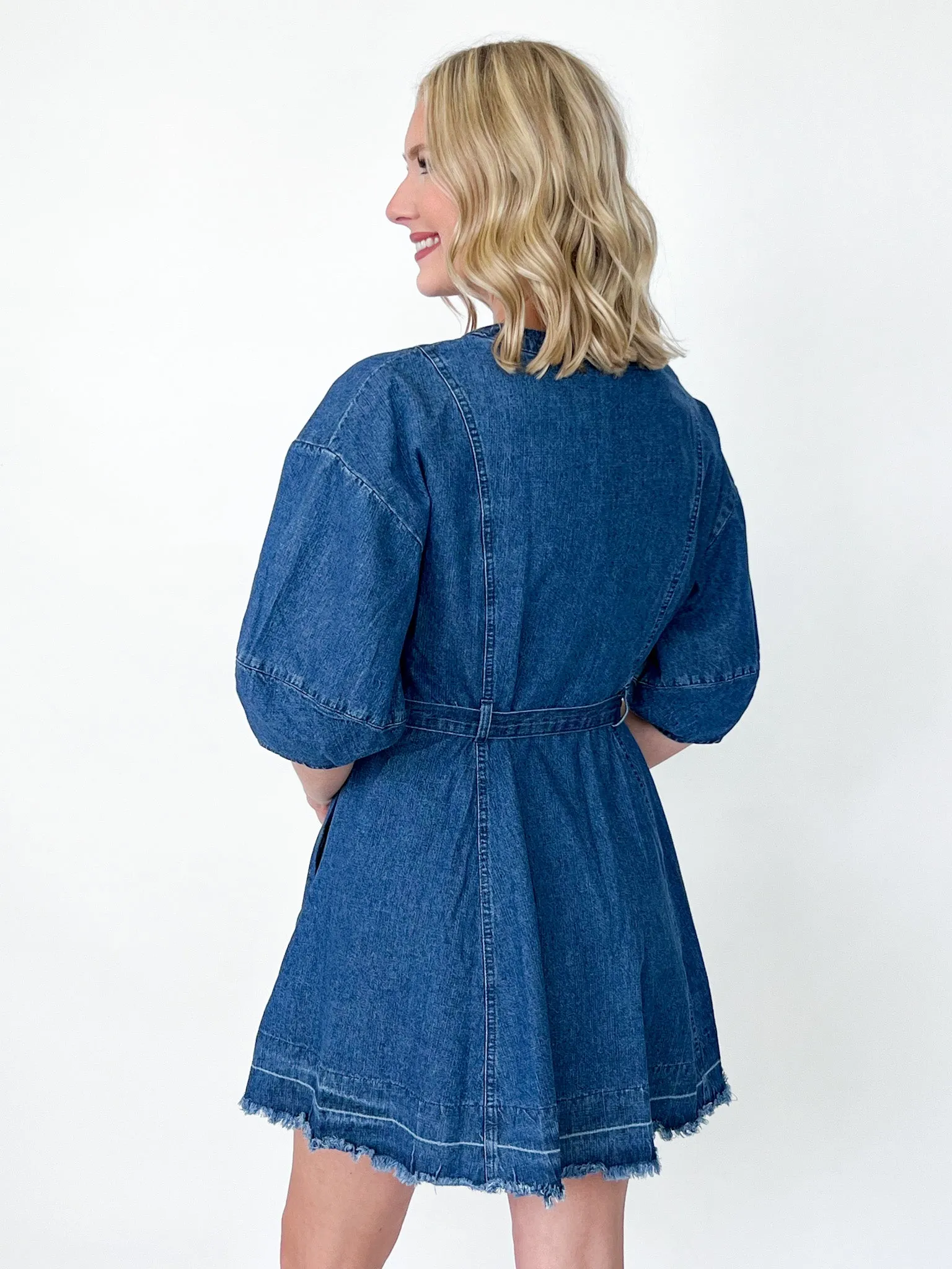 Noelle - V-Neck Waist Tie Denim Dress