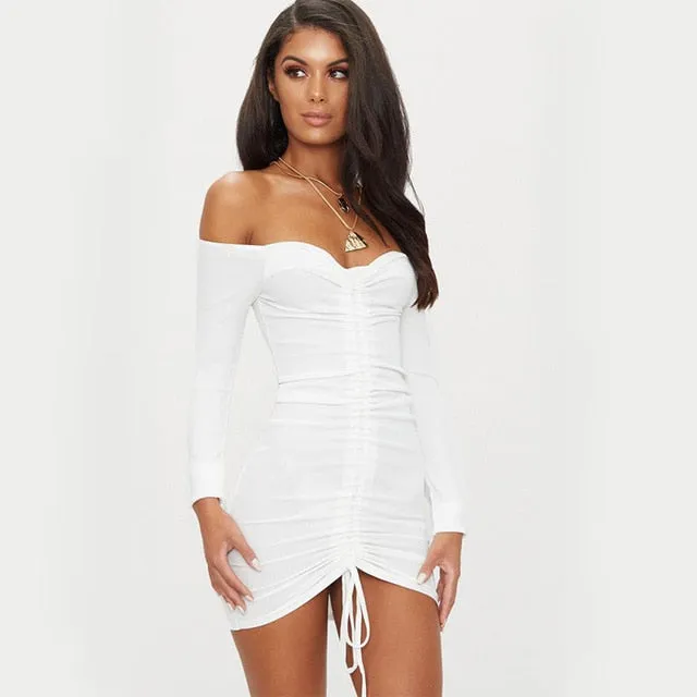 Off-Shoulder Drawstring Ribbed Dress