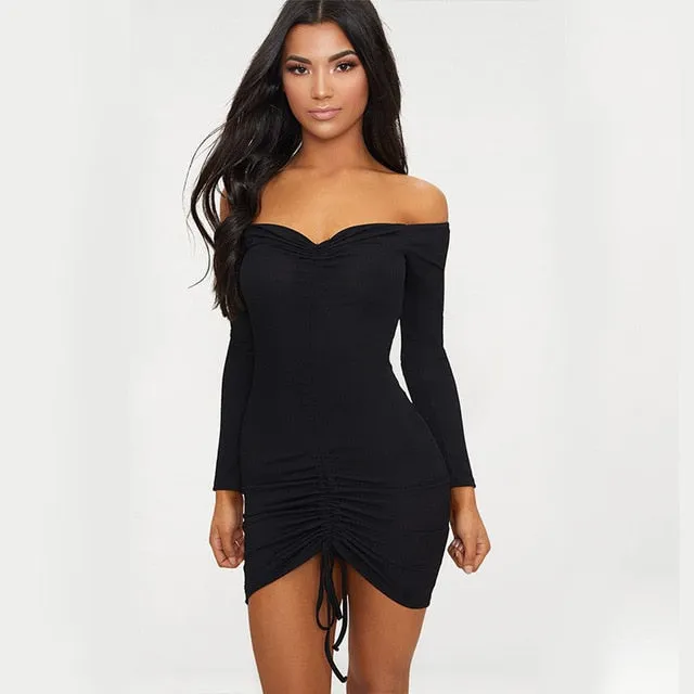 Off-Shoulder Drawstring Ribbed Dress