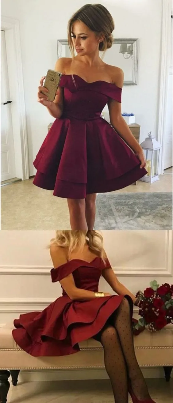 Off Shoulders Burgundy Mini Homecoming Dress with Double Layers Skirt