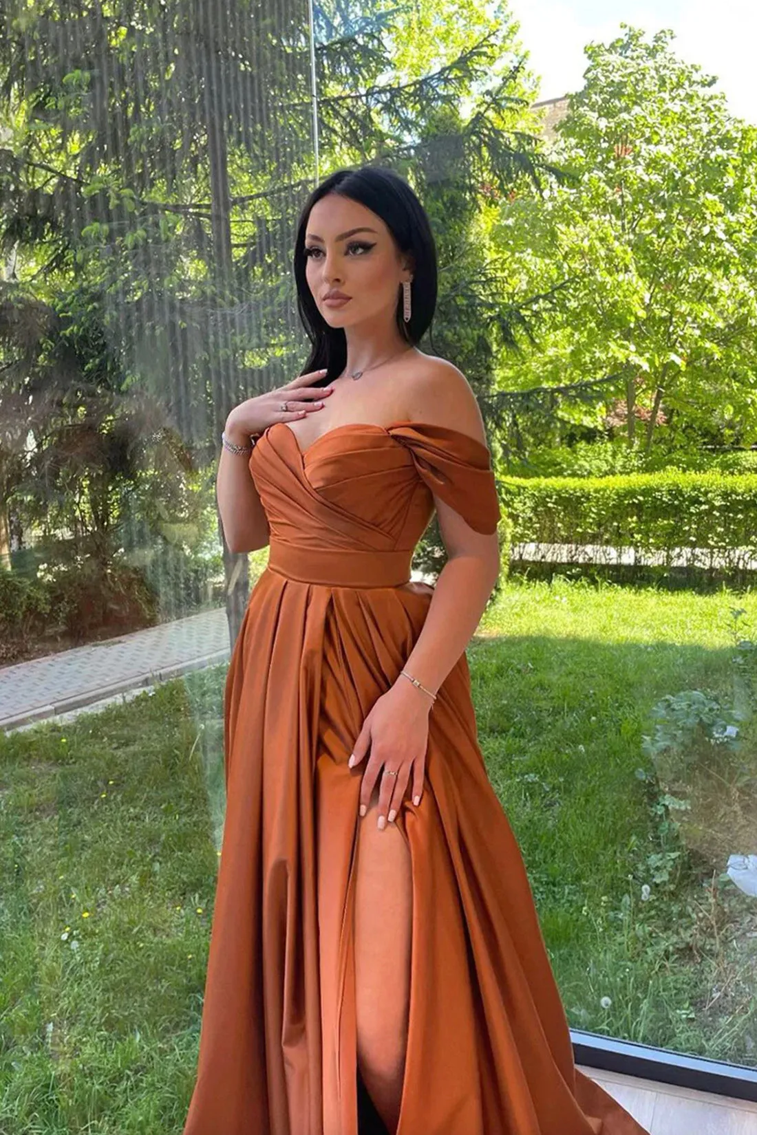 Off the Shoulder Satin Long Prom Dress, Simple A-Line Evening Dress