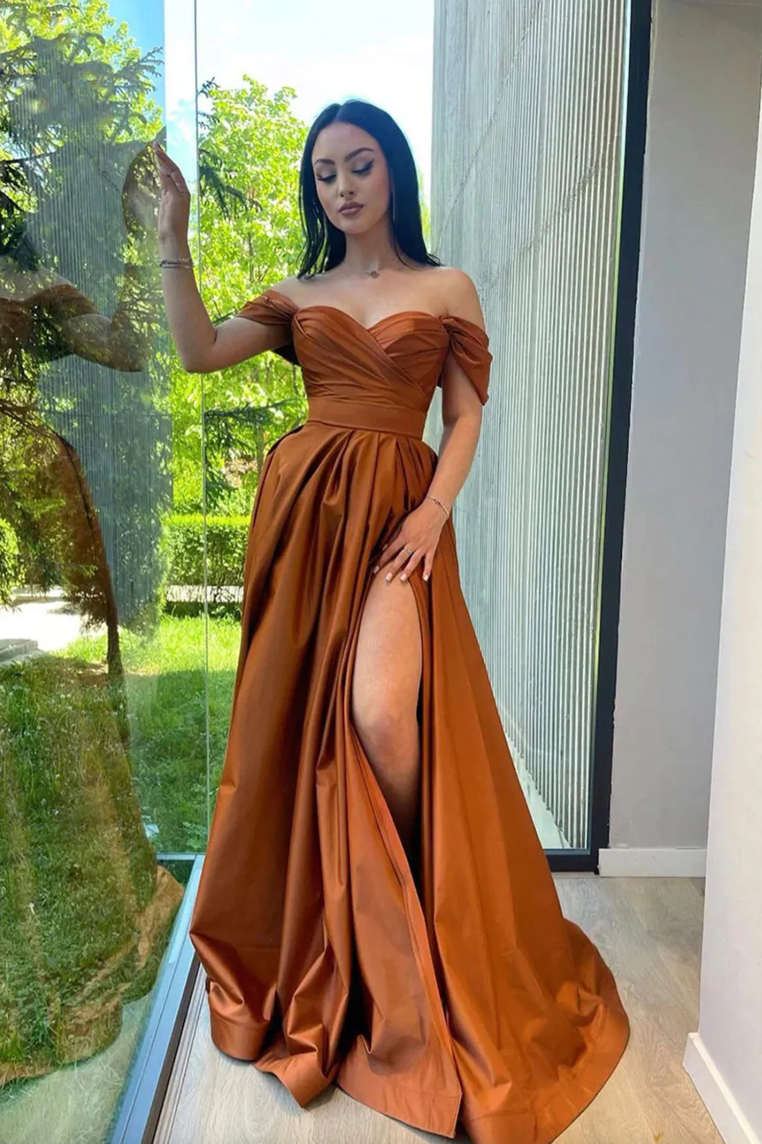 Off the Shoulder Satin Long Prom Dress, Simple A-Line Evening Dress