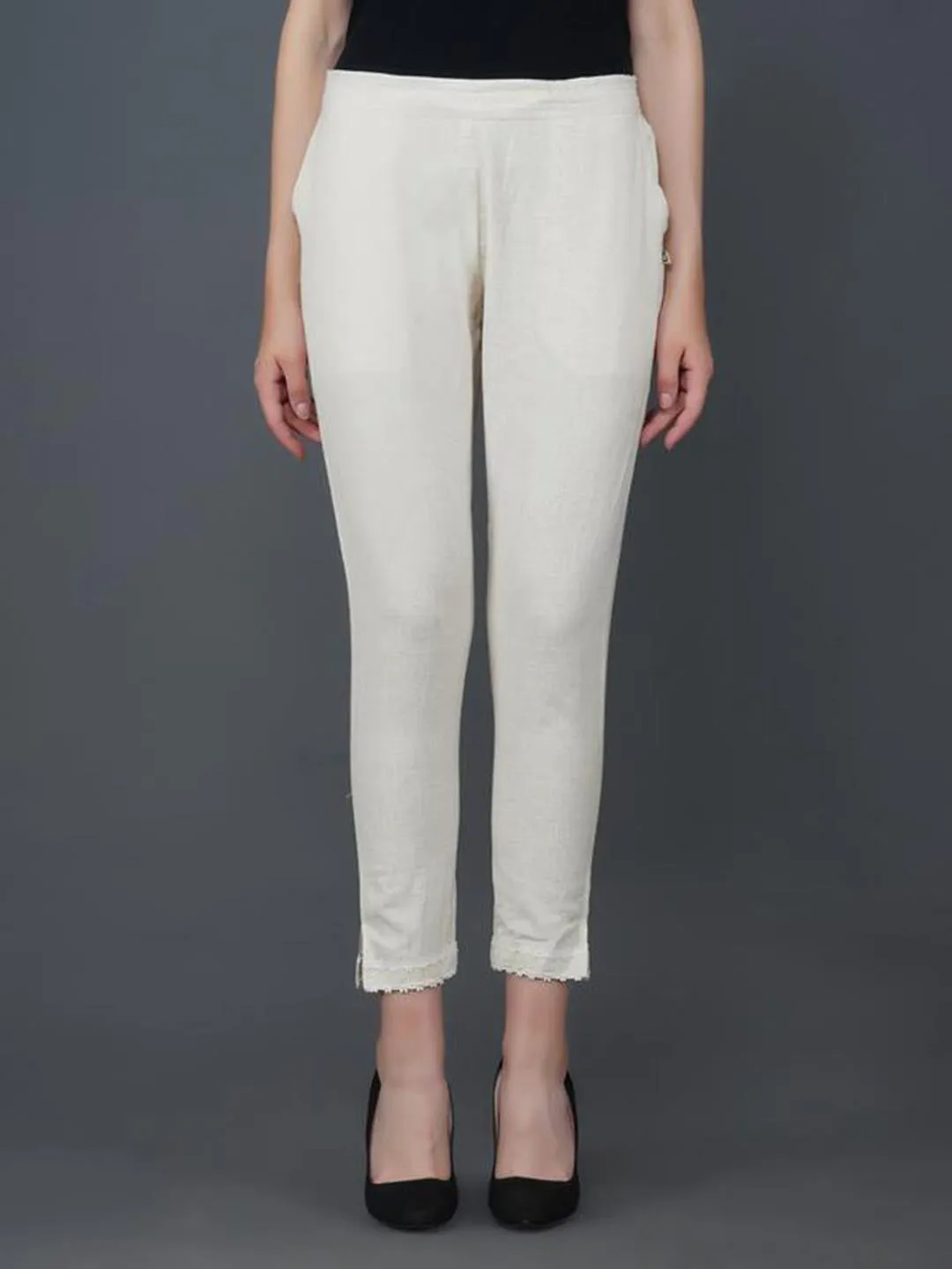 Off White Pant With Lace Work At Hem