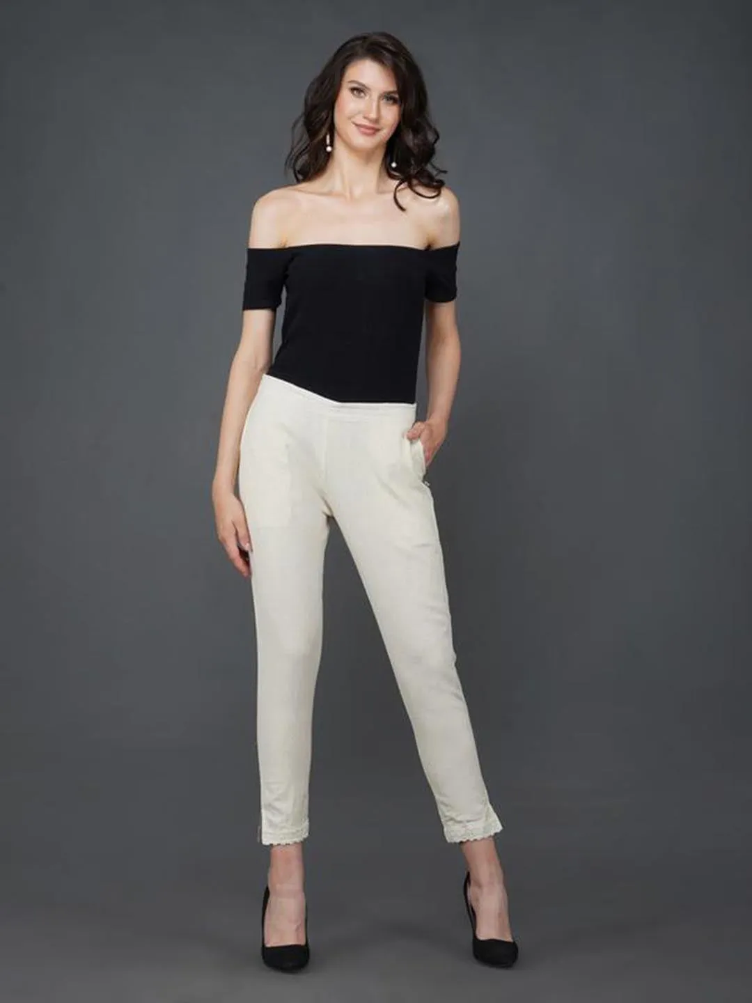 Off White Pant With Lace Work At Hem