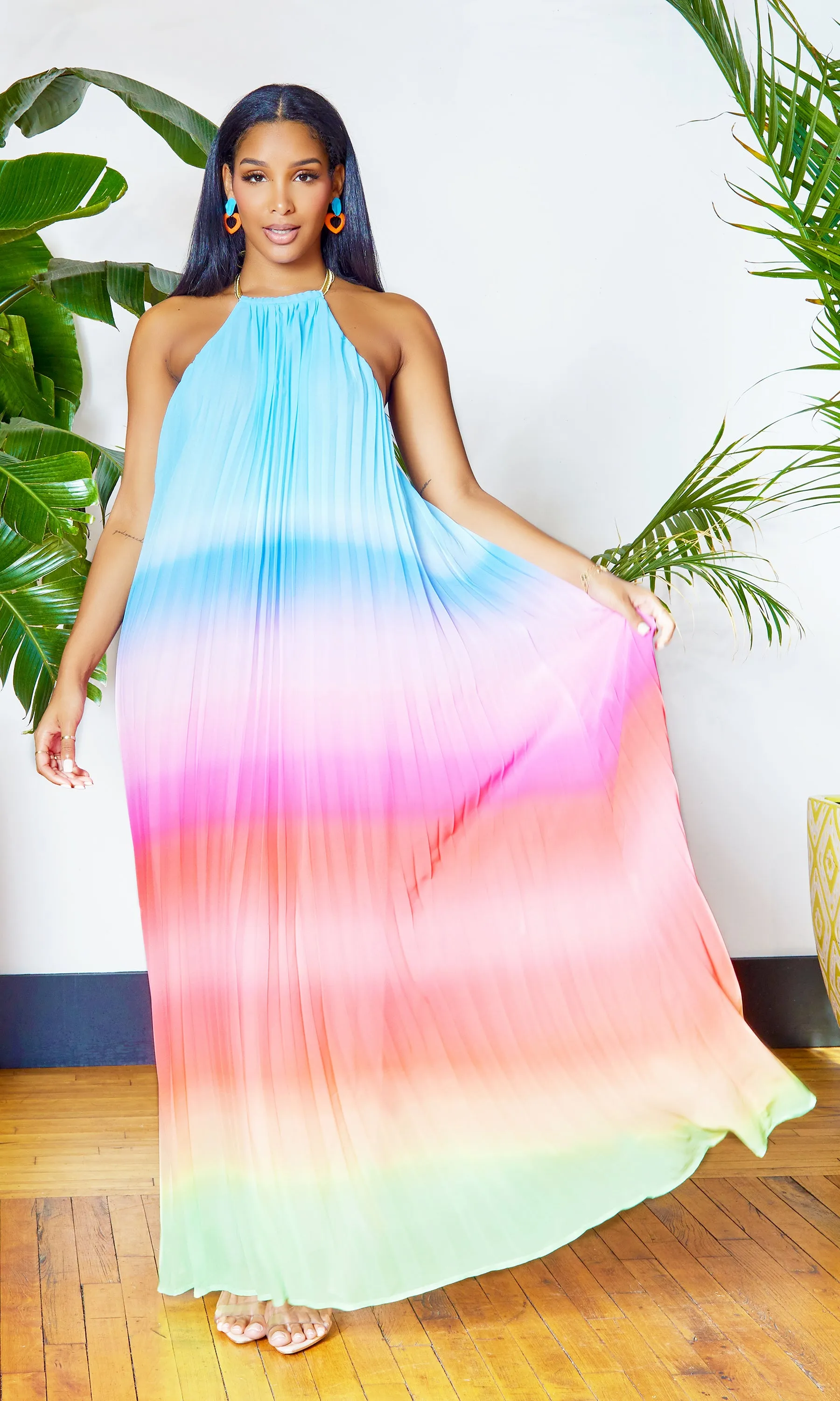 Ombre  Pleated Halter Dress | Maxi Dress - Blue FINAL SALE