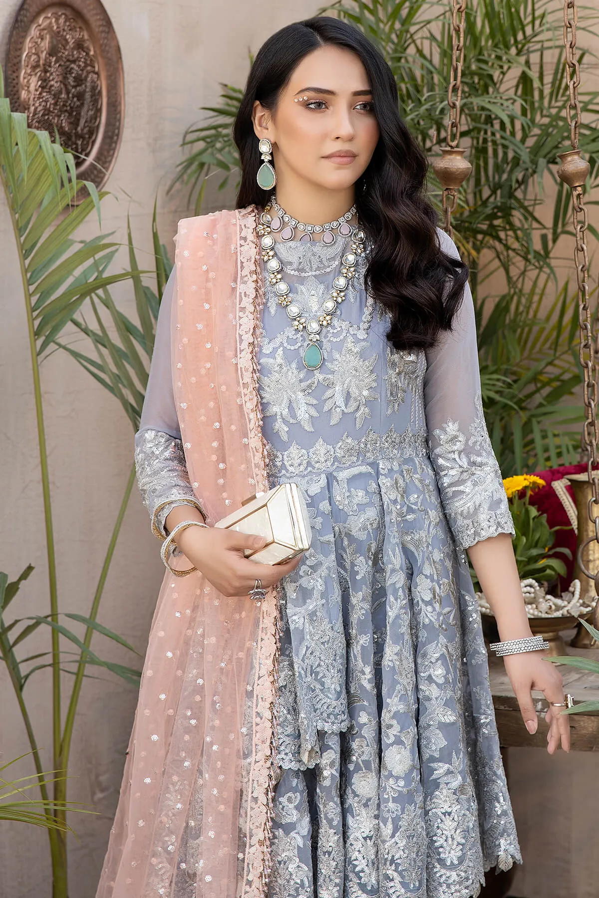 Pakistani Eid Dress in Organza Frock and Sharara Style