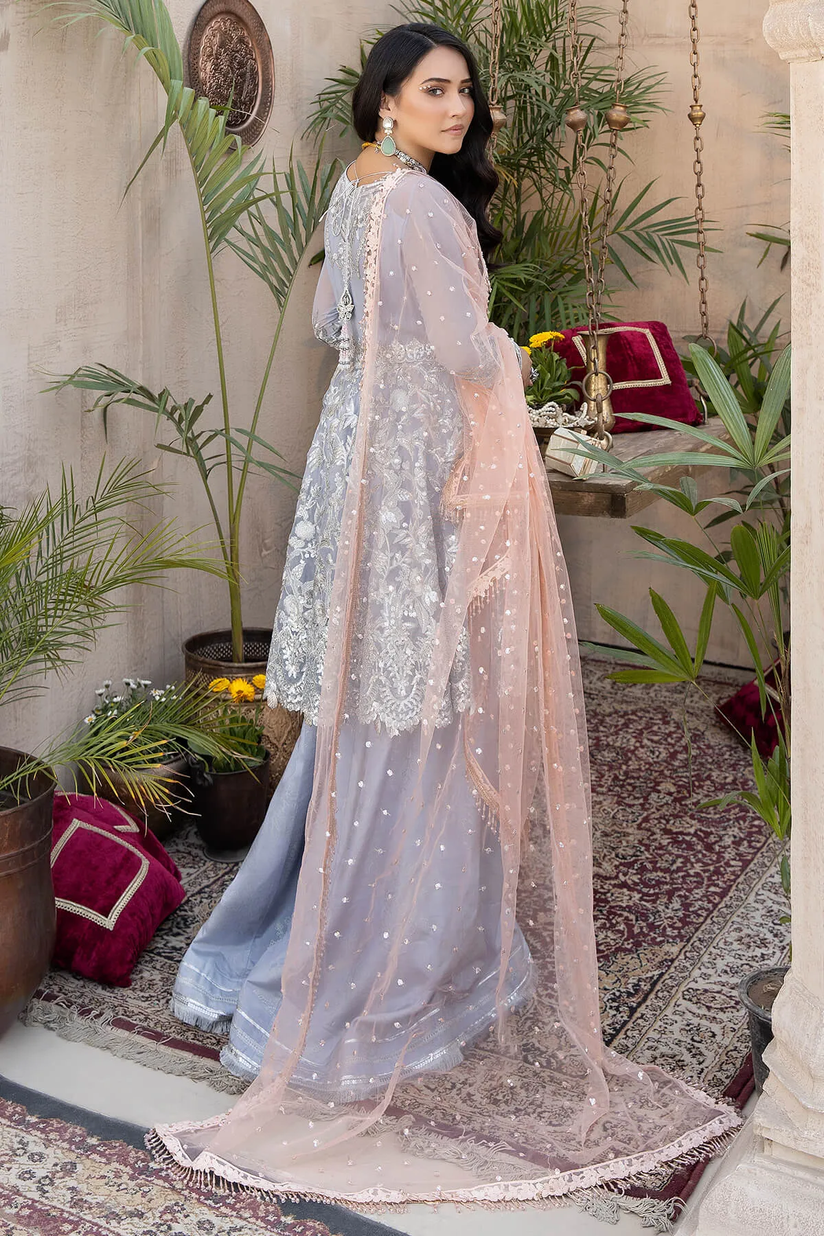 Pakistani Eid Dress in Organza Frock and Sharara Style