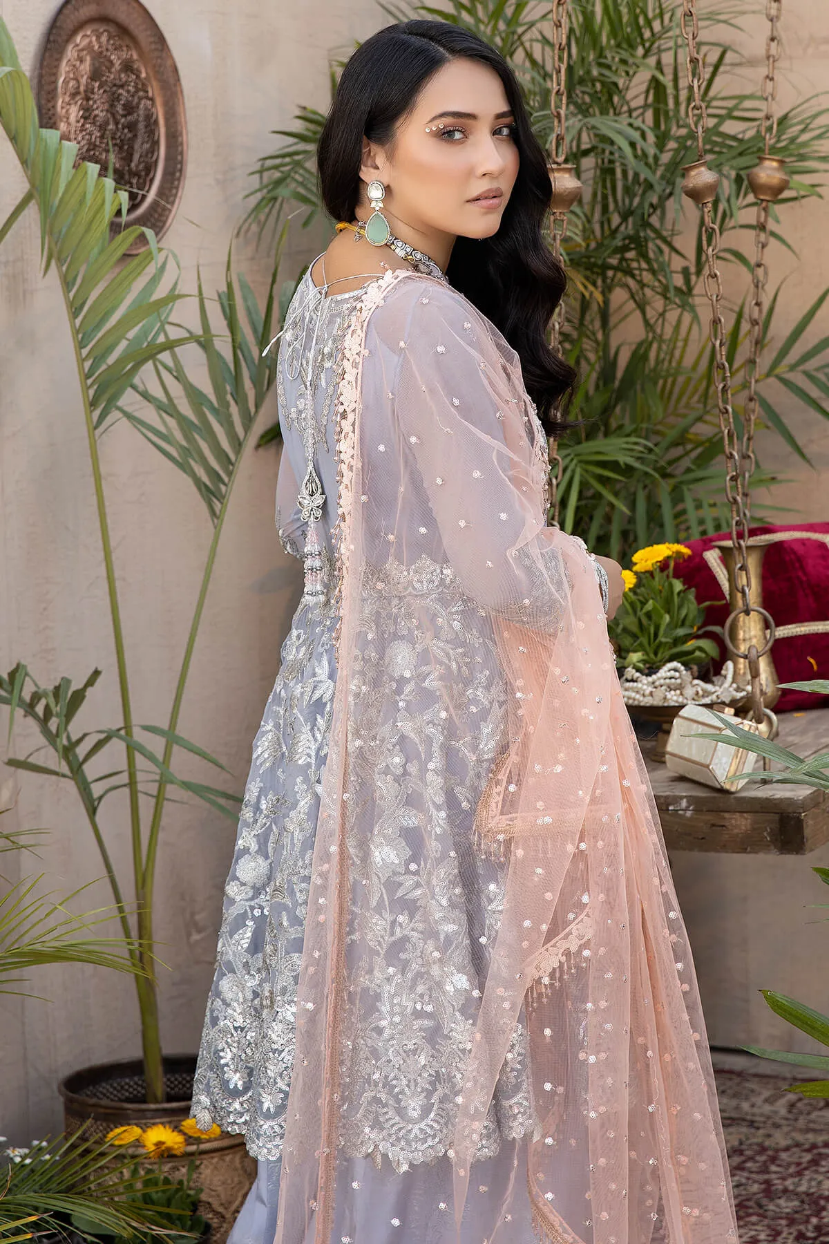 Pakistani Eid Dress in Organza Frock and Sharara Style