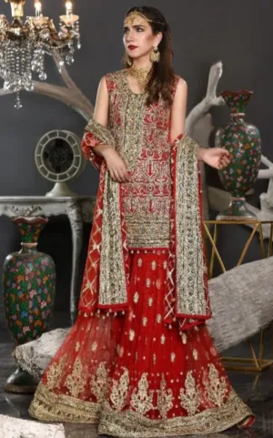 Pakistani Formal Dress of Deep Red Colour # P2606