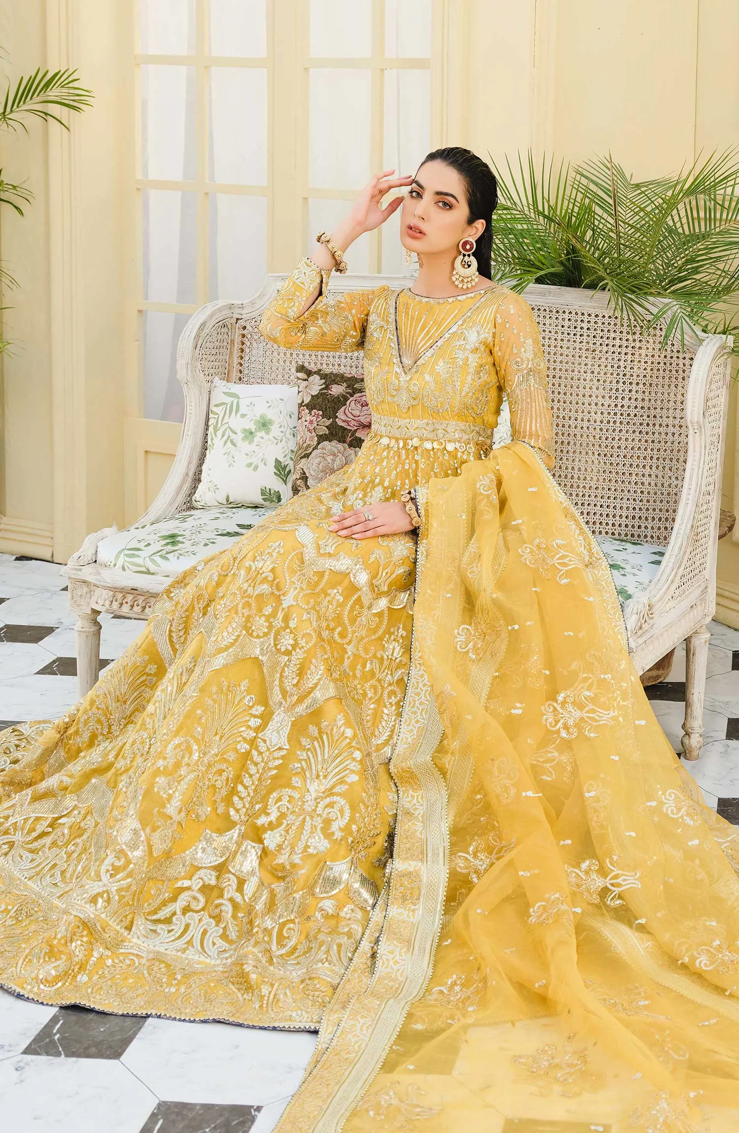 Pakistani Maxi Dress in Bright Yellow Shade #PF425