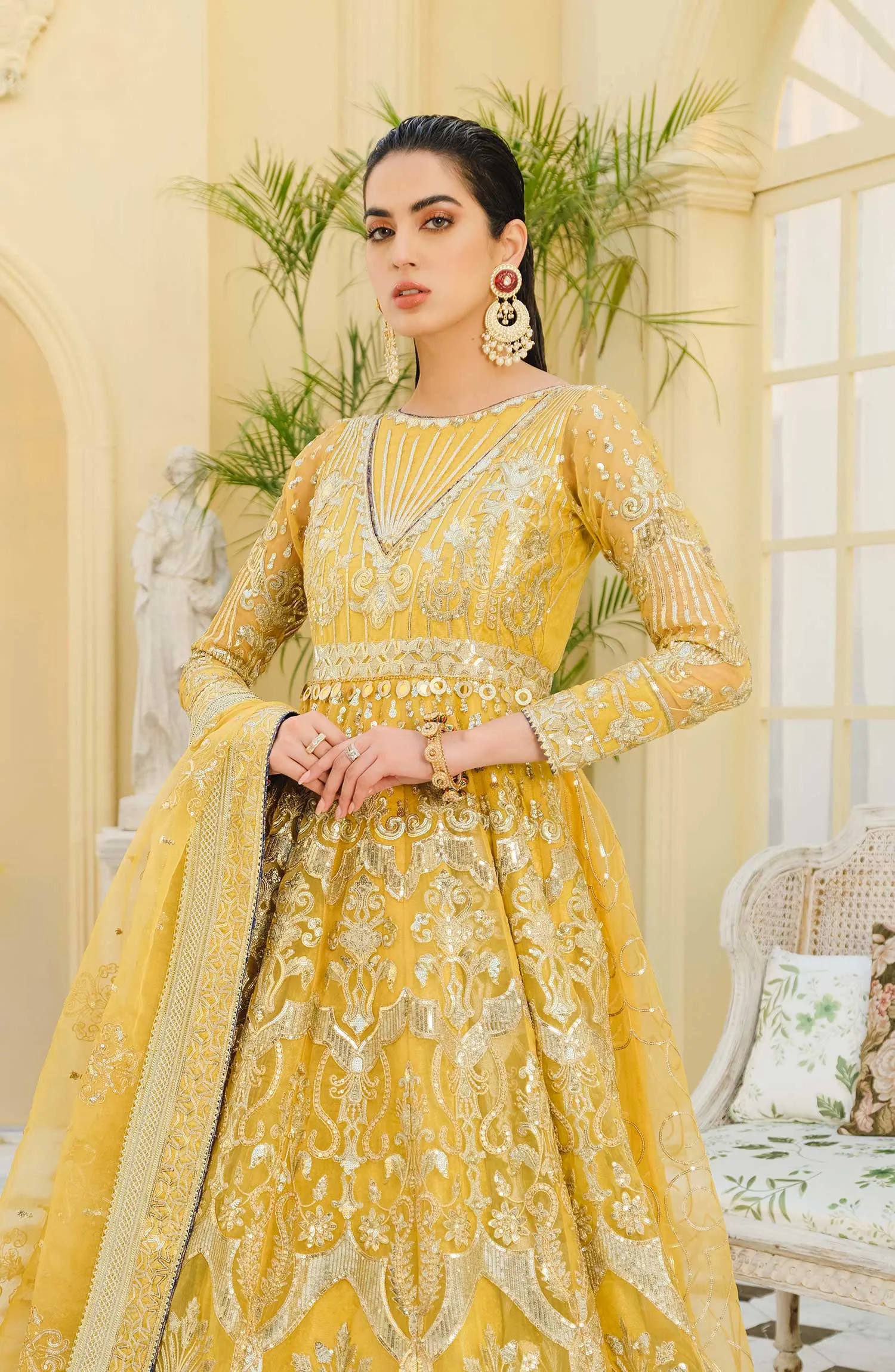 Pakistani Maxi Dress in Bright Yellow Shade #PF425