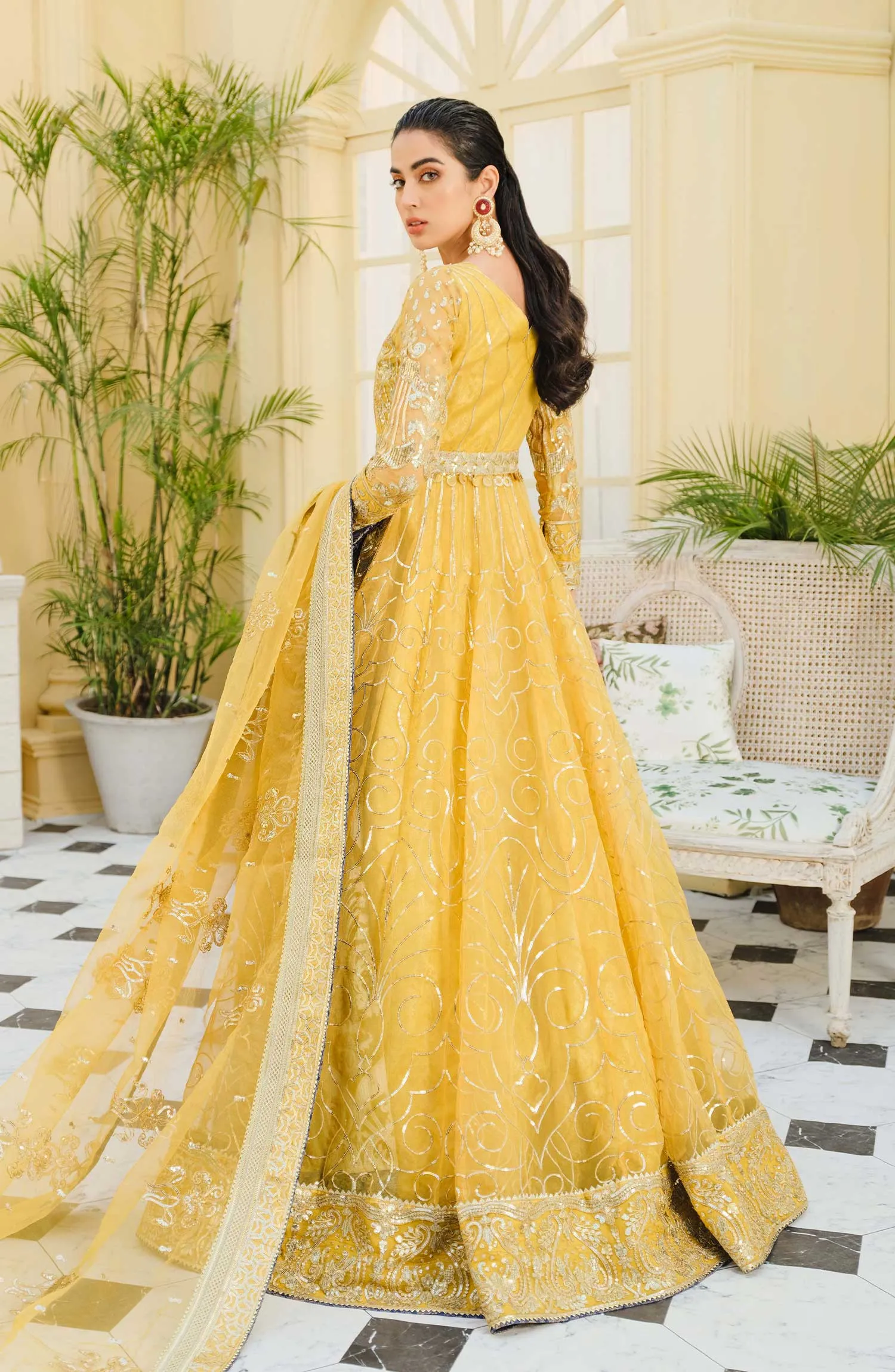 Pakistani Maxi Dress in Bright Yellow Shade #PF425