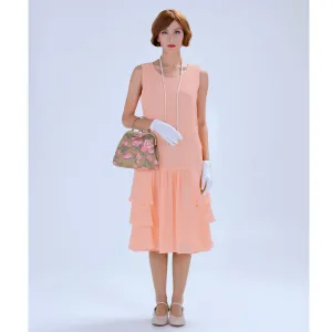 Peach 1920s chiffon dress with tiered skirt