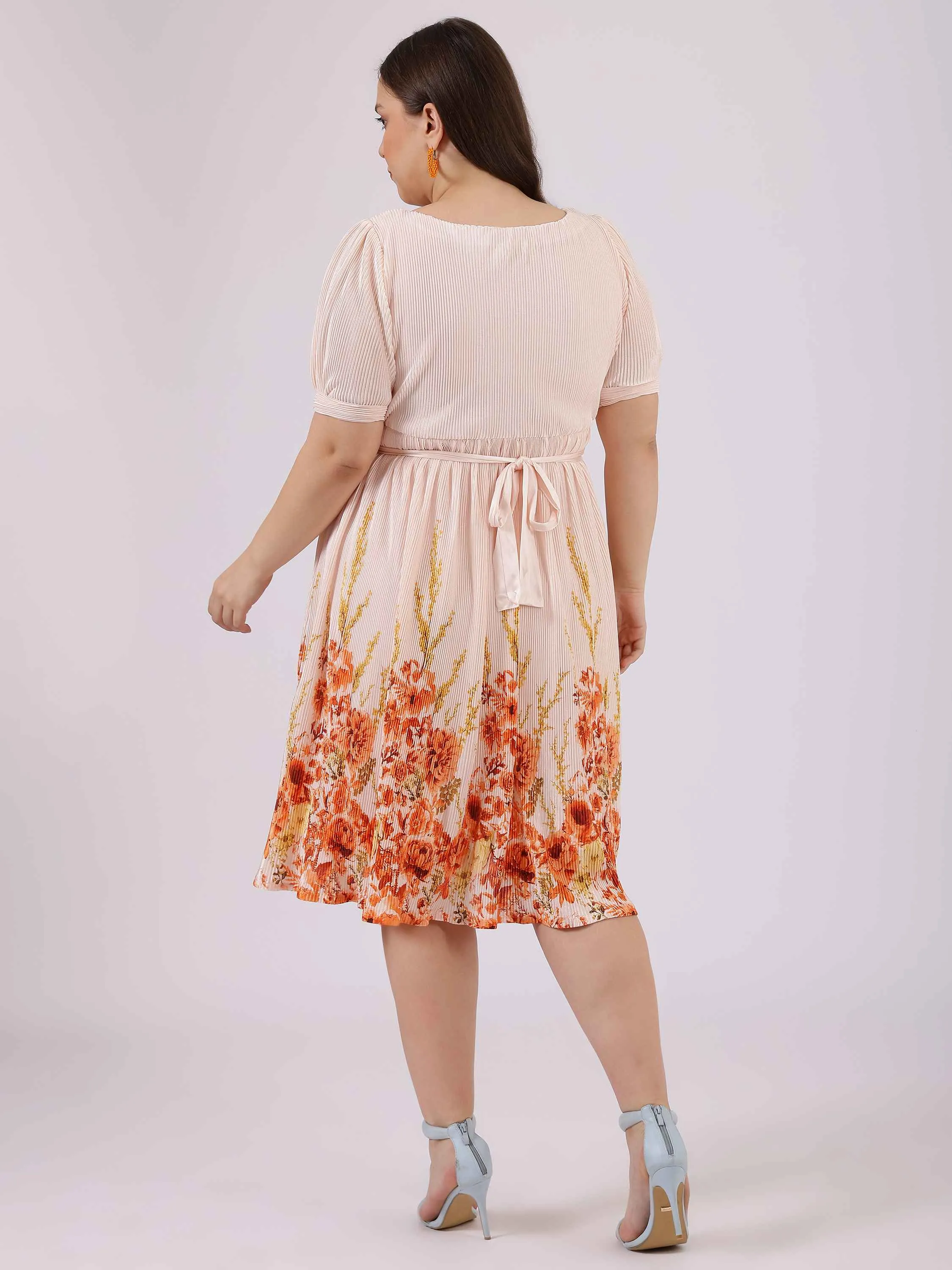 Peach Floral Print Fit and Flare Dress