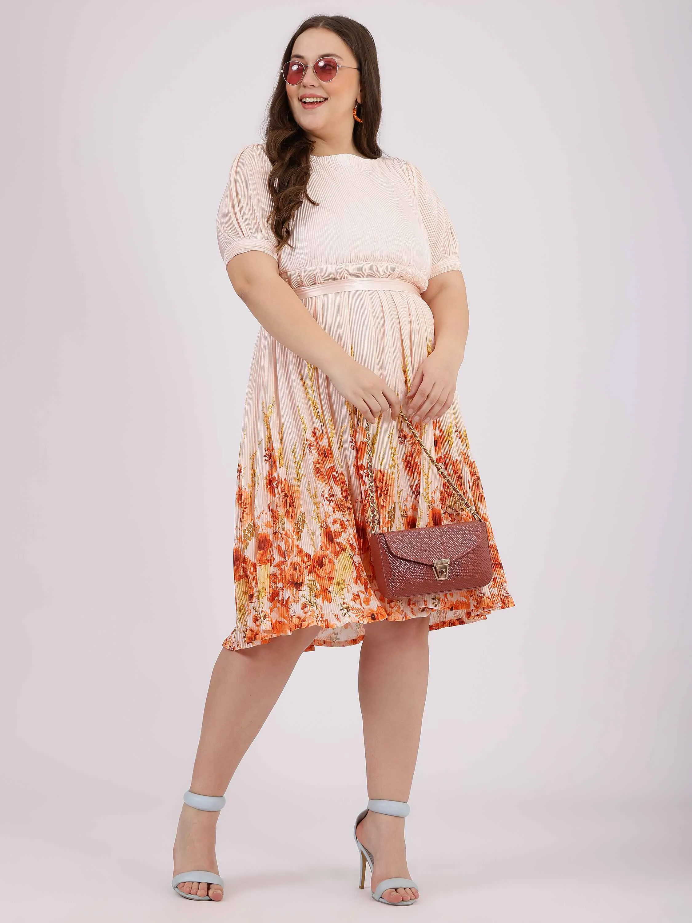 Peach Floral Print Fit and Flare Dress