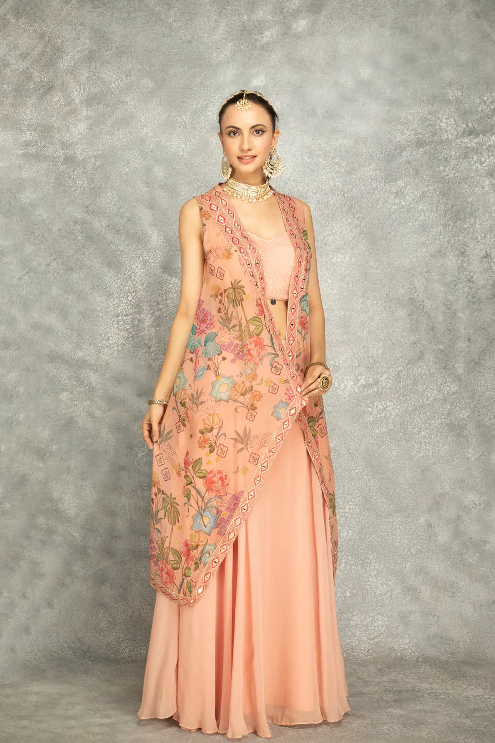 Peach Mirror Embroidered Cape W/Skirt And Crop Top Bustier