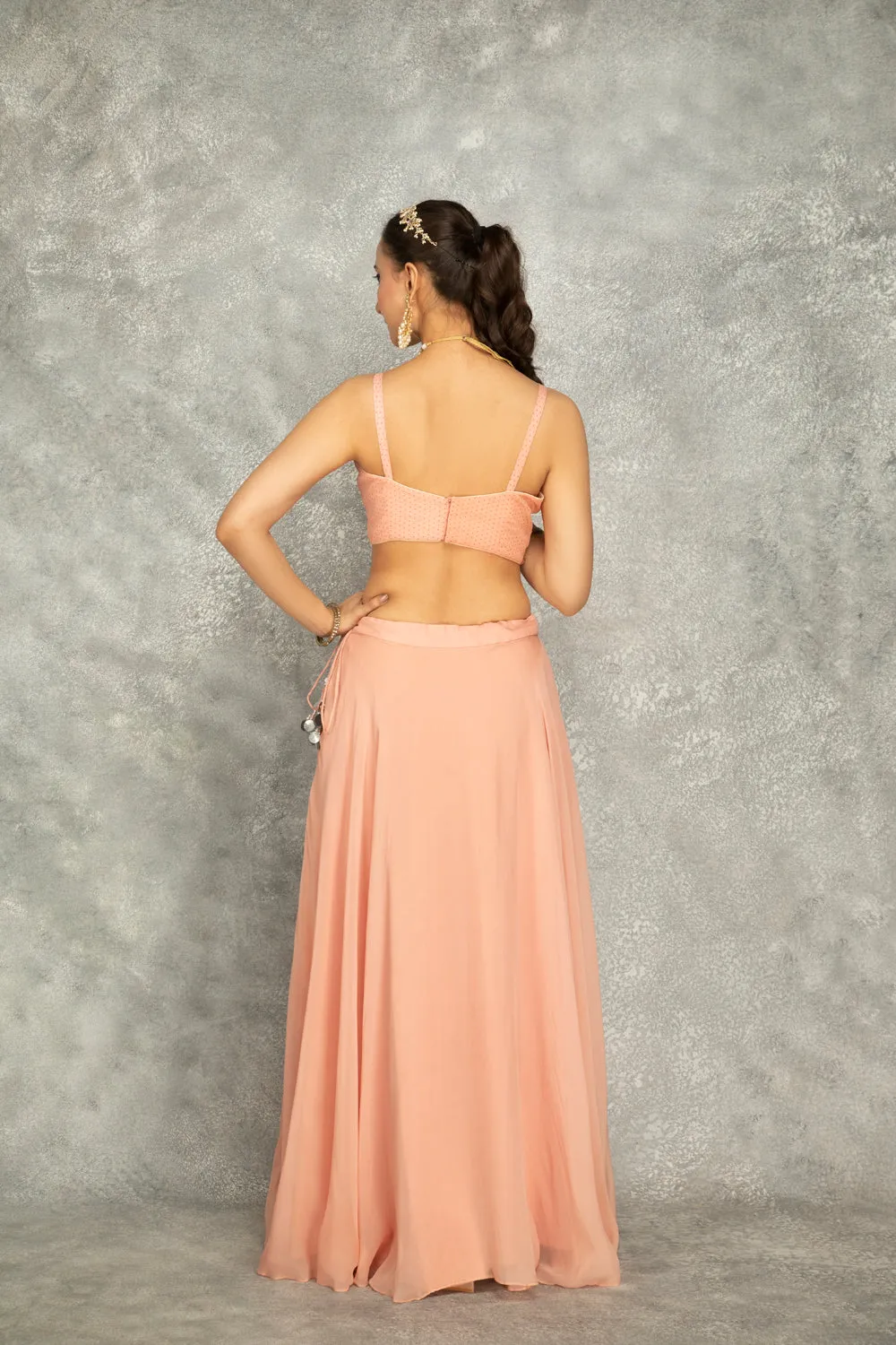 Peach Mirror Embroidered Cape W/Skirt And Crop Top Bustier